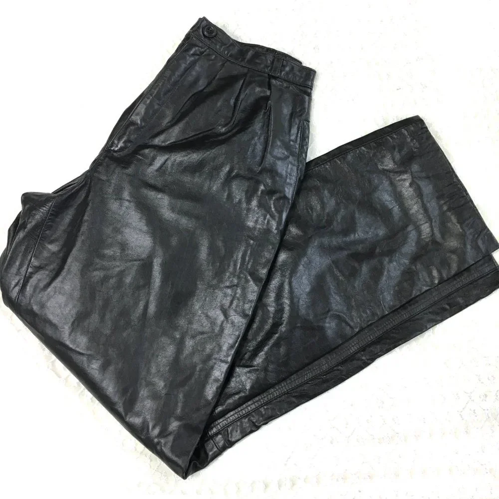 80s Vtg Black Leather High Waist Tapered Pants